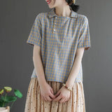 Shirts Women Summer Casual Plaid Tops New 2020 Korean Style Turn-down Collar Female Vintage Blouse High Quality