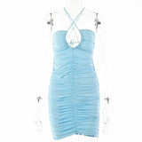 Halter Backless Ruched Mini Dress Women's Summer Sleeveless Bodycon Dresses Women Beach Party Clubwear Dress