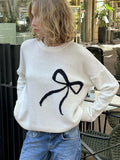 White Bow Print Sweater-Outfit