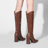 Fashion Knee High Boots Autumn Winter Women Pu Leather Square High Heel Western Boots Pointed Toe Zipper Woman Shoes