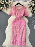 France Senior Vintage Dress Women Square Collar Short Sleeves Belt Pockets Embroidery High Quality Elegant Party