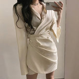 Elegant V Neck Sexy Long Sleeve Shirt Dress Women Autumn Black White Ruched Casual Short Dresses Ladies