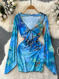 Summer Hollow Out Beach Dress Women Long Sleeves Bow Slim Bodycon Sundress Hliday 2023 Transparent Sexy Short