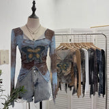 Real Shooting Pure Sexful V-Neck Umbilly T-Shirt Female Hairy Denim Butterfly Embroidered Mesh Yarn Long Sleeve Top