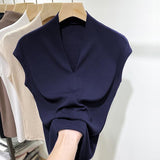 Zingj Temperament Goddess 2024 Autumn New Good Version V Collar Short Sleeve Female Slim Slim Elastic Cotton Black