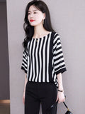 Women Blouses Stripe Loose Blouse Short-sleeve Satin Blouses for Women Batwing Sleeve Oversized Summer Clothing Womens