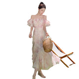 Zingj Word Shoulder Bubble Sleeve Chiffon Floral Sling Dress 2023 Summer Minority Design Show Thin