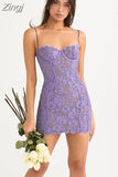 Quality Women Bodycon Party Dress Lace Elegant Dress Purple Vintage Mini Dress Spaghetti Strap Dress For Club Evening