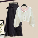 Women Winter Patchwork Long Sleeve Knitted Tops + Asymmetric Skirt 2 Piece Suit Female Party Elegant Two Piece Set 211-0-Outfit