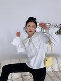 White Lantern Sleeve Korean Fashion Blouse Women Long Sleeve Top Kawaii Cute Designer Peter Pan Collar Ladies