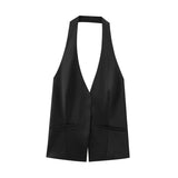 2025 New Women's Fashion Simple V Neck Open Back Hanging Collar Vest Top