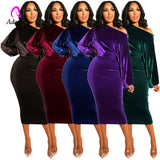Velvet Women New 2020 Spring Winter Off Shoulder Long Sleeve Bodycon Dress Office Lady Sexy Pencil Party Dresses 5