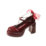 Heel Small Leather Shoes Female Spring New Wedding Shoes Pearl Bow Retro Thick Heel Thick Sole Heighten Mary Jane