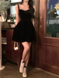 Wedding Party Black Velvet Midi Dresses for Women 2023 Autumn Square Neck Long Sleeves Evening Prom Mini Female