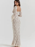 Lace Square Neck Long Flare Sleeve Maxi Dress- Outfit
