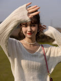 2022 Autumn Women's Mohair Pullover Sweater French V-neck Loose Female Casual Solid Knitted Top Office Lady