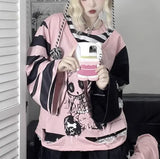Y2k Fashion Fake Two Pieces Cartoon Print T-shirts Women Casual Loose Grunge Tops Aesthetic Fairy Harajuku Kawaii