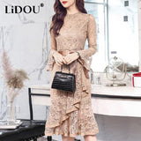 Autumn Women's Elegant Fashion Lace Slim Mermaid Dress Ladies Flare Long Sleeve Robe Temperament Bandage Evening