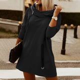 Women Solid Zipper-up Shirts Party Dress Casual Office Ladies Long Sleeve Mini Dress Fashion Scarf High Collar Short Loose