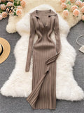 Women Korean Knitted Dress Long Sleeve V Neck Elastic Slim Pencil Dresses 2023 Autumn Sexy Bodycon Split Sweater