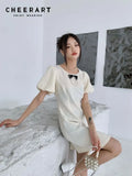 Puff Sleeve Casual Korean Dress Women Summer 2022 Short Sleeve A Line Beading Bow Kawaii Cute Mini Ladies Dress