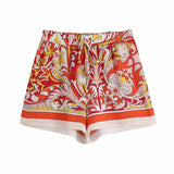 Fashion Red Floral Print Bow Tie Smock Women Shirt Casual Summer Blouse Hot Shorts 2 Pieces Female Suit Streetwear