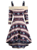 Elegant Gothic Dress Women Aesthetic Cold Shoulder Tribal Print High Low Dress Vestidos Party