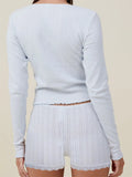 Women Pajama Sets 2pcs Loungewear Suits Solid Long Sleeve V-Neck T-shirts Crop Tops and Lace Shorts Sleepwear