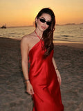 Red Satin Halter Maxi Dress-Outfit