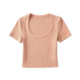 Zingj Trendy Women's Sexy Large U-Collar Short Navel Blouse Tight Solid Color Pullover Short-Sleeved