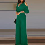 Hollow Off Shoulder Romper Women V Neck Half Sleeve Solid Romper Overall Fashion High Waisted Belt Wide Leg Pants