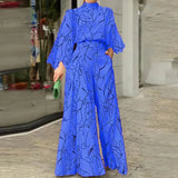 Pattern Printed Wide Leg Pants Office Overall Fashion High Waist Romper Chic New Women Long Sleeve High Collar
