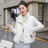 Korean Version Of Foreign Gas Standing Collar Down Cotton Jacket Vest Female Autumn Winter New Loose And Versatile Sleeveless Short Horse Clip Coat-Outfit