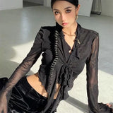 Zingj Girl Long Sleeve T-Shirt Female New Outside Wear V-Neck Perspective Strap Exposed Navel Slim Slim Cardigan Horn Sleeve Jacket-Outfit