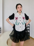 Peter Pan Collar Kawaii Cute Shirts Blouse Women Floral Patch Button Up Lantern Sleeve Shirt Summer Korean