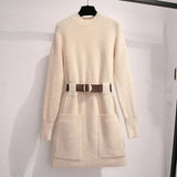 Lantern Sleeves Solid Color Knitted Dress Women With Belt Long Sleeves Mid-length Pullover A-line Dress Female 2021