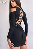 Fashion Elegant Knit Black Bodycon Female Dress Lace Up Backless Cold Shoulder Slim Sexy Dresses Autumn Bandage