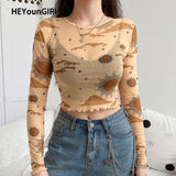 Sexy Mesh Long Sleeve T-shirt Women Harajuku Transparent Crop Top T Shirt Ladies Print Streetwear Summer Spring