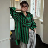 Spring 2022 Green Striped Oversized Shirt For Women Fashion Long Sleeve Top Button Up Cotton Grey Shirt Korean