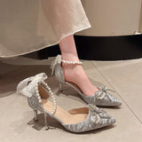 Temperament Pointed Bow Pearl Word With Silver High Heels Fine Heel Adult Lilies Hollow Lolita