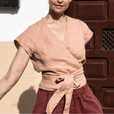 Linen Ladies Vintage T-Shirt Summer New Style Sexy V-Neck Short Sleeve Fashion Bandage Casual Comfortable Women