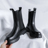 New 2025 High Leg Thick Chelsea Boots Round Head Black Korean Fashion Single Boots