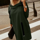 Women Solid Zipper-up Shirts Party Dress Casual Office Ladies Long Sleeve Mini Dress Fashion Scarf High Collar Short Loose