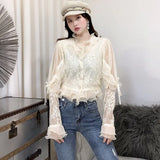 Women Lace blouse White V-neck Long sleeve Short Female shirt Single breasted RufflesSexy Tops Spring Black INKEO