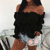 Tops and Blouses Sexy Solid Color Off Shoulder Ruff Sleeve Long Sleeve Ruffled Women Blouse Women
