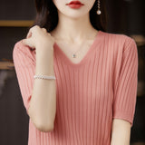 Zingj The Summer Of 2023, Women's Knit Short Sleeve Korean V-Neck Solid Color T-Shirt And A Pit Top-Outfit