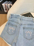Bow Embroidery Denim Shorts-Outfit
