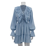 Zingj New Fashion V-Neck Pleated Horn Sleeve Flounce White Dress Spring Female Design Sense Fluffy Skirt-Outfit