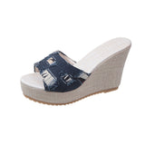 New Thick Bottom Slope With Cloth Face A Word Female Cool Slippers Mature Fashion Casual Large Size High Heel