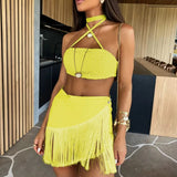 Tassel Women Two Piece Skirt Halter Lace Bra Tassel Mini Skirt Suit Beach Vacation Casual Female Bathing Suit